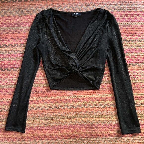 privy Tops - PRIVY BLACK GOLD GLITTER TWIST FRONT LONG SLEEVE CROP BLOUSE